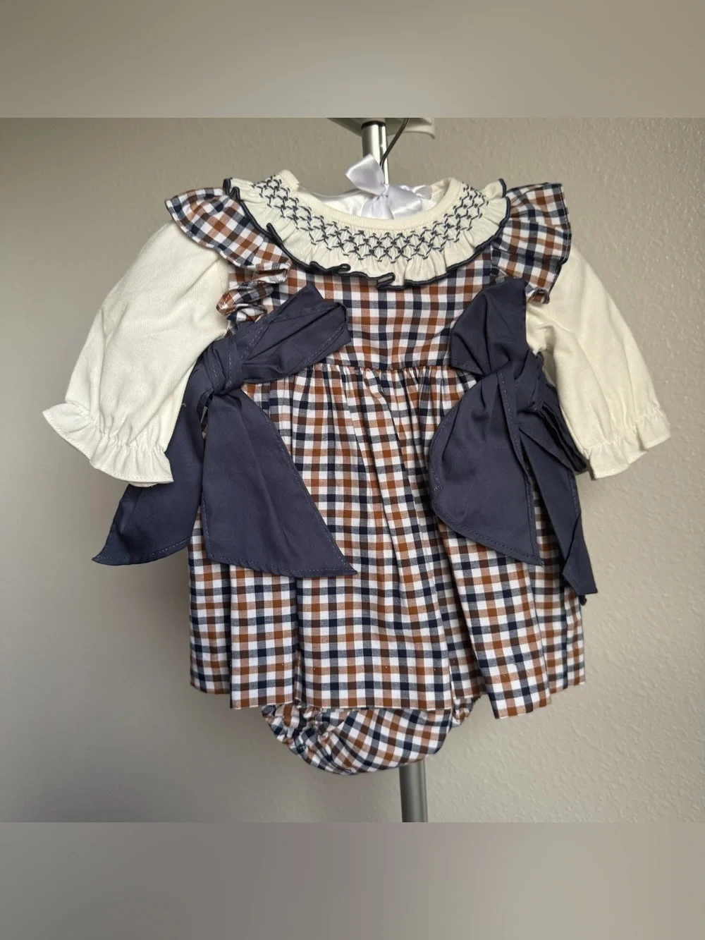 NWT Edgehill Collection Baby Girls Long Sleeve Plaid Side-Bow Dress Sz 3M